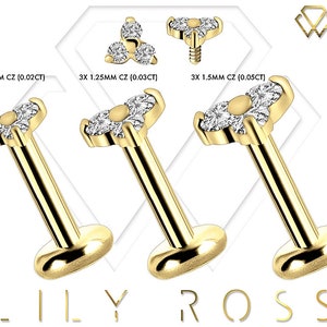 Genuine Diamonds 18k Solid Gold Trinity Cartilage Earring - 16G Internally Threaded Labret - Tragus Earring.. Sizes From 4mm to 12mm