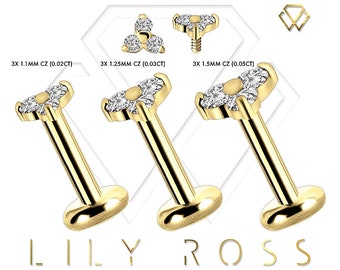 Genuine Diamonds 18k Solid Gold Trinity Cartilage Earring - 16G Internally Threaded Labret - Tragus Earring.. Sizes From 4mm to 12mm