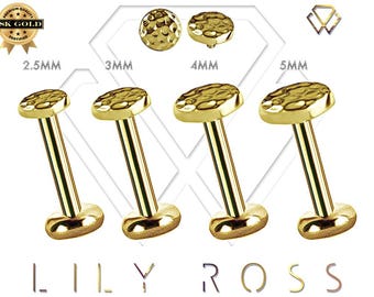 18k Solid Gold Hammered Disc 16g Internally Threaded Helix Cartilage Piercing Labret with 2.5mm, 3mm, 4mm or 5mm..16g - From 4mm to 12mm