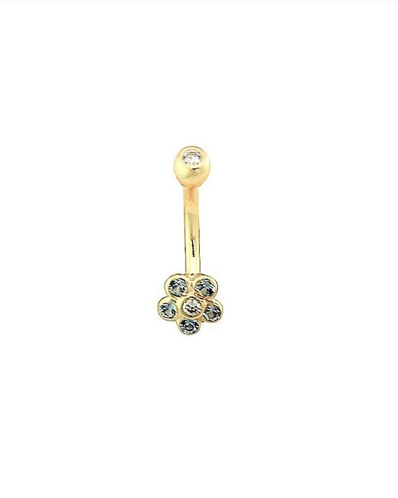14k Solid Gold Curved Eyebrow Ring, Rook Piercing, Daith Flower Jewelry Set with Aqua Swarovski Cz..16g - 6 or 8mm ( nickel free )