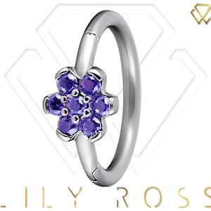 Helix/Cartilage/Tragus Clicker Hoop Ring, Hand Setting with Purple Amethyst Swarovski Cz..316L Surgical Steel 16g - 8mm or 10mm