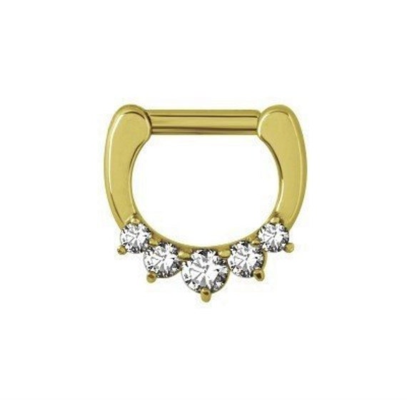 Gold PVD 5 Prong White CZ Septum Ring Surgical Steel Bar Clicker Gold PVD 5 Prong White CZ Septum Ring Surgical Steel Bar Clicker