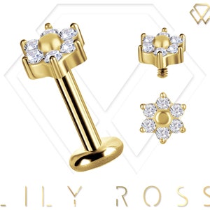 Genuine Diamonds 18k Solid Gold Tiny Flower Cartilage Earring - 16G Internally Threaded Labret - Tragus Earring.. Sizes From 4mm to 12mm