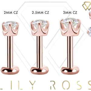 New 18k Solid Rose Gold Tiny Cartilage Earring - Round Cz Prong Set 16G Internally Threaded Labret - Tragus Earring.. Sizes From 4mm to 12mm