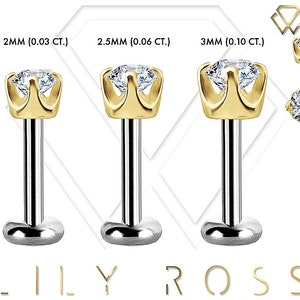 Genuine Diamond 18k Solid Gold Cartilage Earring - 16G Internally Threaded Titanium Labret Post - Tragus Earring..Sizes From 4mm to 12mm