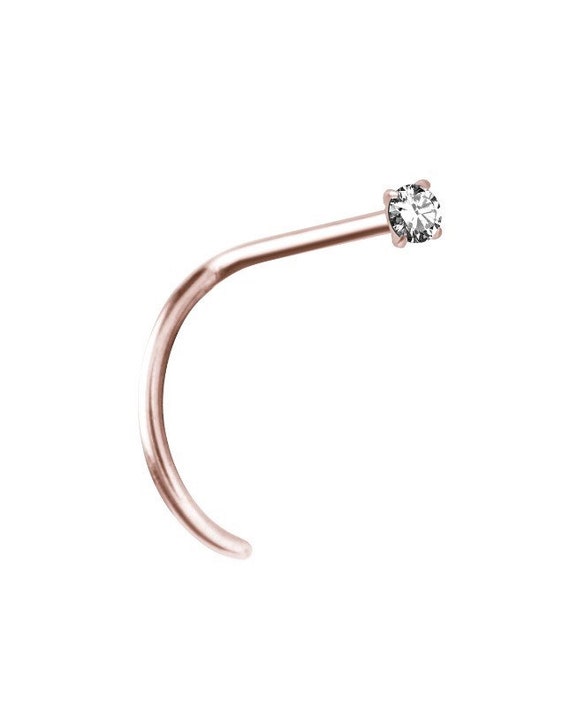 18K Solid Rose Gold Nose Ring Stud Nostril Prong Set with 2mm White Swarovski Cz 20G 6.5mm