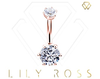 Internally Threaded 18k Solid Rose Gold Double Gems Belly Button Ring-5A Grade Swarovski Cz..Comes in 14g - 6mm to 12mm ( Nickel Free )