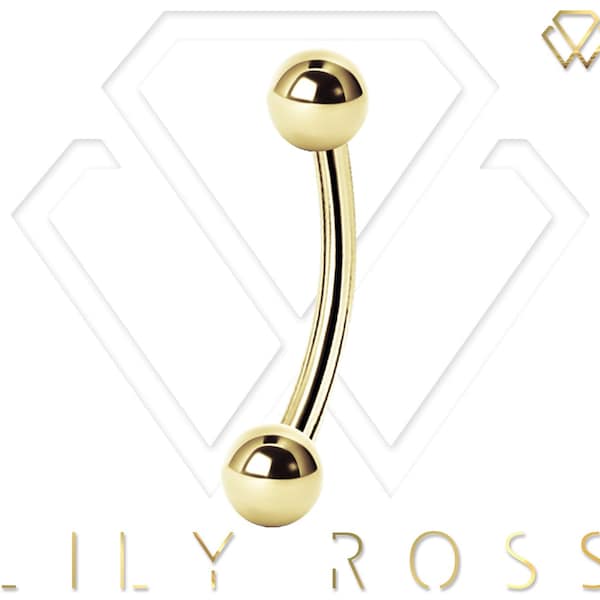 16g Gold Eyebrow Curved Barbell, Rook Piercing, Daith Jewelry with 2mm, 2.5mm, 3mm or 4mm Balls - Comes in 6,7,8,9,10 or 12mm