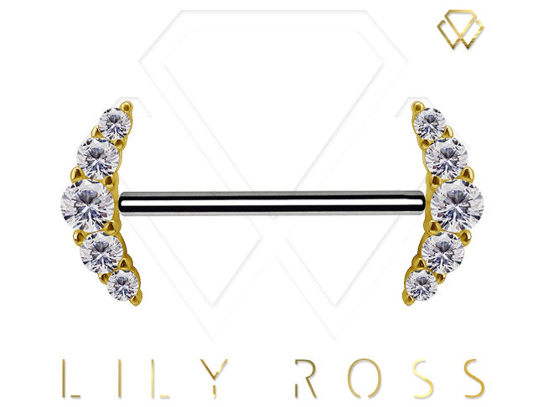 18K Solid Gold and Titanium Threadless Nipple Barbell, Hand Set With