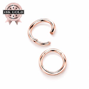 18K Solid Rose Gold Hinged Clicker Hoop, Cartilage Helix Conch Daith Rook Tragus Septum Nose Ring, 20G–6G, 4mm–14mm