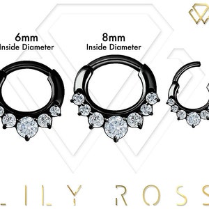Magnifique ensemble clicker pour septum, hélice et daith avec oxyde de zirconium swarovski blanc sur acier chirurgical PVD noir 16 g - 6 mm ou 8 mm