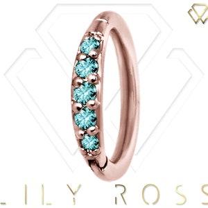 Rose Gold Helix/Cartilage/Tragus Clicker Hoop Ring Set with Turquoise Swarovski Cz..Rose Gold PVD Over Surgical Steel 16g - 6,7,8,9 or 10mm