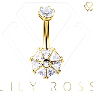 18k Solid Gold Internally Threaded Belly Button Ring - 5A Grade Swarovski Triangle Cz..Comes in 14g - 8mm or 10mm ( Nickel Free )