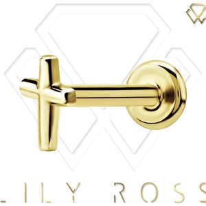 New 18k Solid Gold Tiny Cross Cartilage Earring - 16G Internally Threaded Labret - Tragus Earring.. Sizes From 4mm to 12mm ( Nickel Free )