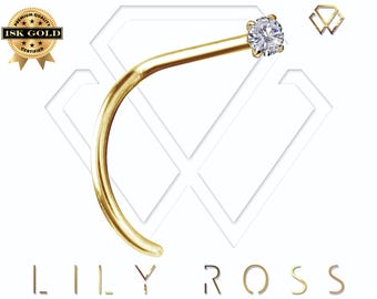 Genuine Diamond 18K Solid Gold Nose Stud, Prong Setting with 2mm Diamond..20G - 6.5mm