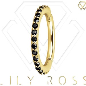 Beautiful Gold Conch Piercing Eternity Clicker Set with Black Swarovski Cz..18k Gold PVD Over 316L Surgical Steel..16g - 9,10,11 or 12mm