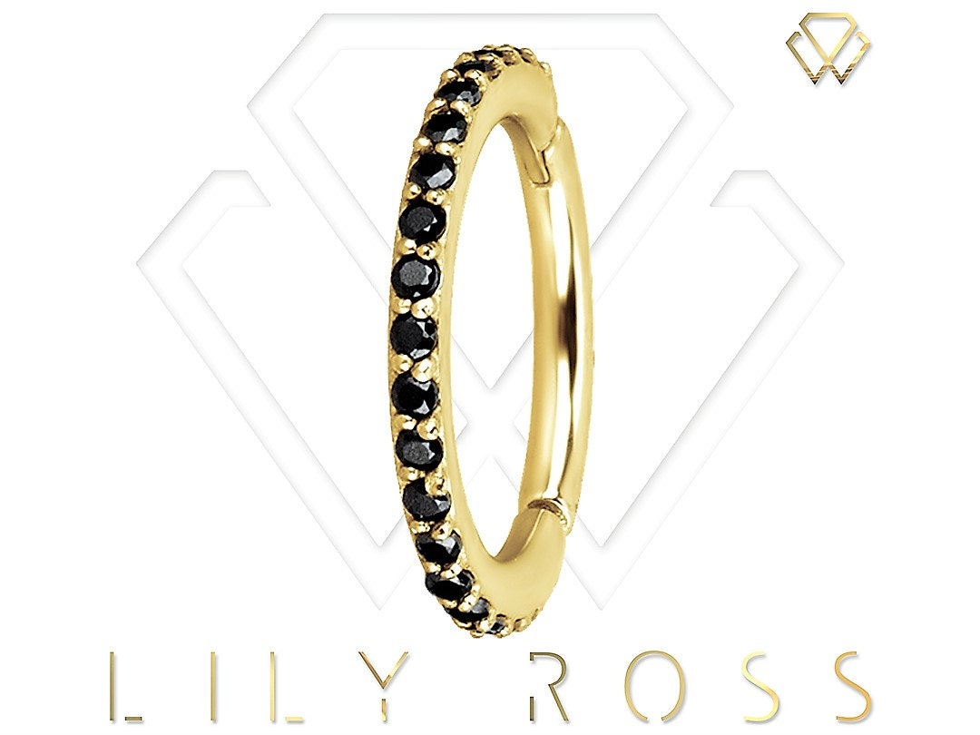 Beautiful Gold Conch Piercing Eternity Clicker Set with Black Swarovski Cz..18k Gold PVD Over 316L Surgical Steel..16g - 9,10,11 or 12mm
