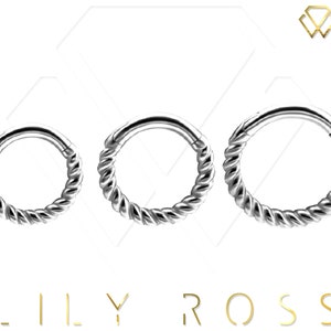 Anillo de tabique/clicker con bisagra Daith de cuerda retorcida de oro blanco macizo de 18 k, viene en 18 g - 6 mm, 7 mm u 8 mm.