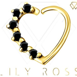 Bendable Black Swarovski Cz Multistone Heart/Daith Piercing Ring for the Right or Left Ear, 18k Gold PVD Over 316L Surgical Steel..16g-10mm