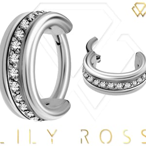 Helix/Cartilage/Tragus Clicker Hoop Ring, Hand Setting with White Swarovski Cz..316L Surgical Steel 16g - 7mm