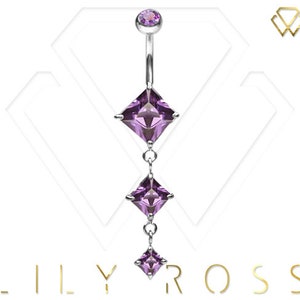 Dangle Surgical Steel Triple Square Belly Button Ring with 5A Grade Purple Violet Swarovski Cz..14G - 8mm or 10mm