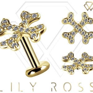 18K Solid Gold X Bone Cartilage Earring Set with Premium Swarovski Cz - 16G Internally Threaded Labret - Sizes From 4 to 12mm. (Nickel Free)