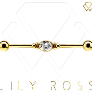Beautiful Gold Industrial Helix Cartilage Barbell - 18k Gold PVD Over Surgical Steel with 5mm Balls..Comes in 14g- 32,34,36,38 or 40mm