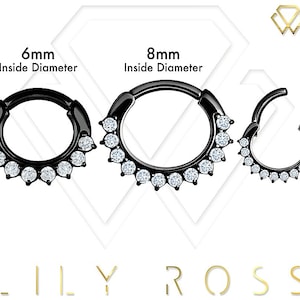Belle Daith, Helix, Septum Piercing Clicker Set avec Swarovski blanc Cz..PVD noir sur acier chirurgical 16g - 6mm ou 8mm