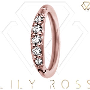 Rose Gold Helix/Cartilage/Tragus Clicker Hoop Ring Set With White Swarovski Cz Rose Gold PVD Over Surgical Steel 16g - 6,7,8,9 or 10mm