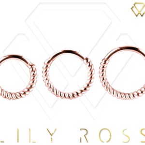 18k Solid Rose Gold Twisted Rope Daith Hinged Piercing Clicker/Septum Ring, Comes in 18g 6mm, 7mm or 8mm. (Nickel Free)