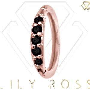 Rose Gold Helix/Cartilage/Tragus Clicker Hoop Ring Set with Black Swarovski Cz..Rose Gold PVD Over Surgical Steel 16g - 6,7,8,9 or 10mm