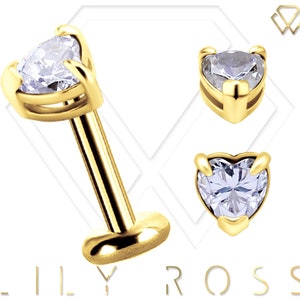 New 18k Solid Gold Tiny Heart Cartilage Earring - 16G Internally Threaded Labret - Tragus Earring.. Sizes From 4mm to 12mm (Nickel Free)