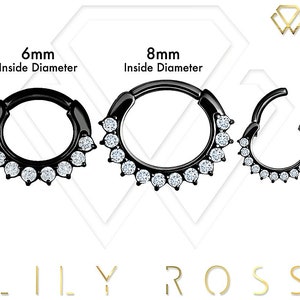 Beau cliquet de septum, anneau de piercing pour cartilage Daith serti de zircone cubique Swarovski blanche sur acier chirurgical 16G sur PVD noir - 6 mm ou 8 mm