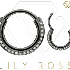 Beautiful Daith Piercing Jewelry, Helix/Septum Ring Set with White Swarovski Cz..Black PVD Over 316L Surgical Steel  16g - 6mm, 8mm or 10mm