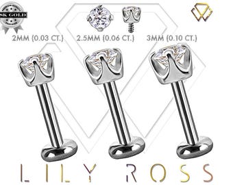 Genuine Diamond Platinum Cartilage Ring - 16G Internally Threaded Titanium Labret Post/Tragus Earring. Sizes From 4mm to 12mm (nickel free)