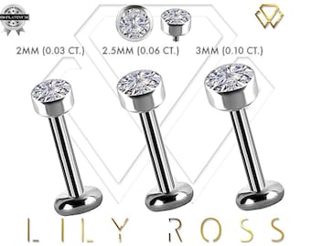 Genuine Diamond Platinum Cartilage Ring - 16G Internally Threaded Titanium Labret Post/Tragus Earring. Sizes From 4mm to 12mm (nickel free)