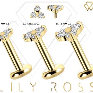New 18k Solid Gold Tiny Trinity Cartilage Earring - 16G Internally Threaded Labret - Tragus Earring.. Sizes From 4mm to 12mm (Nickel Free)