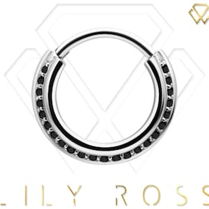 Beautiful Daith/Helix/Cartilage/Septum Piercing Clicker, Hand Setting with Black Swarovski Cz..316L Surgical Steel  16g - 6mm, 8mm or 10mm
