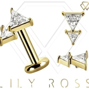 18K Solid Gold Cartilage Earring Set with Premium Triangle Swarovski Zirconia - 16G Internally Threaded Labret - Sizes From 4 to 12mm.