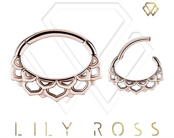 Beautiful Rose Gold Daith Piercing Jewelry, Septum Ring, Tragus/Cartilage/Helix Hinged Clicker..Gold PVD Over 316L Surgical Steel 16g - 7mm