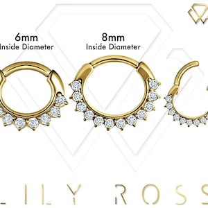 Magnifique ensemble de piercings cliquables Daith, Helix et septum en or et zircone cubique Swarovski blanche sur acier chirurgical PVD 16 g - 6 mm ou 8 mm