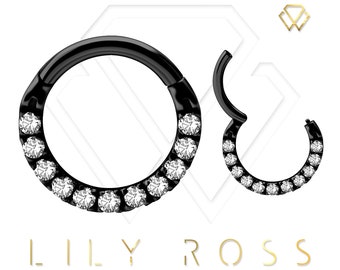 Gorgeous Daith Piercing Jewelry, Septum Ring Set with White Swarovski Cz..Black PVD Over 316L Surgical Steel  16g - 6,7 or 8mm