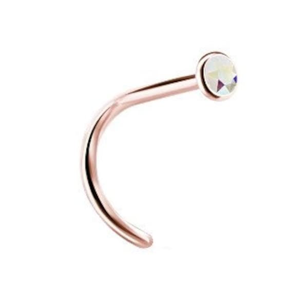 Beautiful Aurora Borealis Rose Gold Nose Stud, Hand Set with 5A Swarovski Cz..14k Rose Gold PVD Over Surgical Steel 20G - 6.5mm