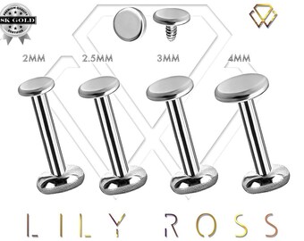 Piercing para labio, trago y cartílago de hélice con rosca interna de oro blanco macizo de 18 k y 16 g con disco de 2 mm, 2,5 mm, 3 mm o 4 mm. 16 g (de 4 mm a 12 mm)