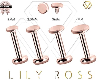 Piercing para labio, trago y hélix de oro rosa macizo de 18 k, 16 g, con rosca interna y disco de 2 mm, 2,5 mm, 3 mm o 4 mm. 16 g (de 4 mm a 12 mm)