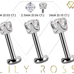 Echte diamant 18k witgouden kraakbeenoorbel - 16G intern schroefdraad Titanium Labret Post - Tragusoorbel... Maten van 4 mm tot 12 mm