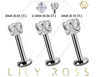 Genuine Diamond 18k White Gold Cartilage Earring - 16G Internally Threaded Titanium Labret Post - Tragus Earring..Sizes From 4mm to 12mm