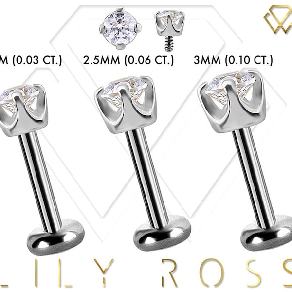 Genuine Diamond 18k White Gold Cartilage Earring - 16G Internally Threaded Titanium Labret Post - Tragus Earring..Sizes From 4mm to 12mm