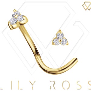 18K Solid Gold Trinity Nose Ring/Stud Nostril Prong Set with 3x 2mm White Swarovski Cz..20G - 6.5mm