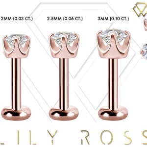 New Genuine Diamond 18k Solid Rose Gold Tiny Cartilage Earring - 16G Internally Threaded Labret - Tragus Earring.. Sizes From 4mm to 12mm